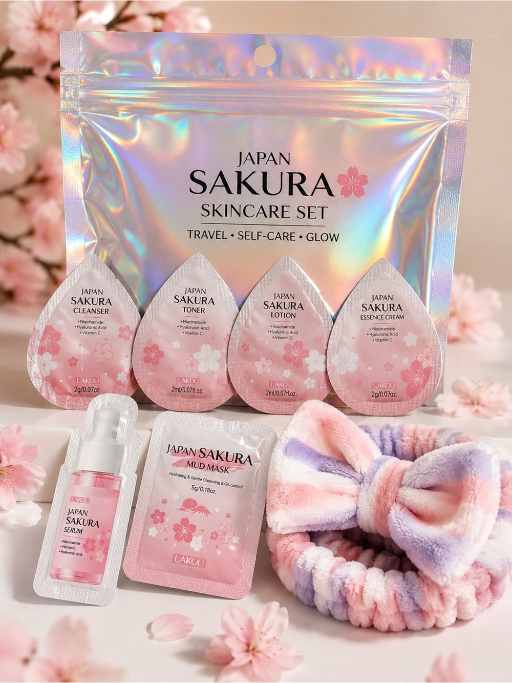 🧖🏽♀️Japan SAKURA Skincare Set&New Plush Spa Headband (assrtd colors)Travel Kit
